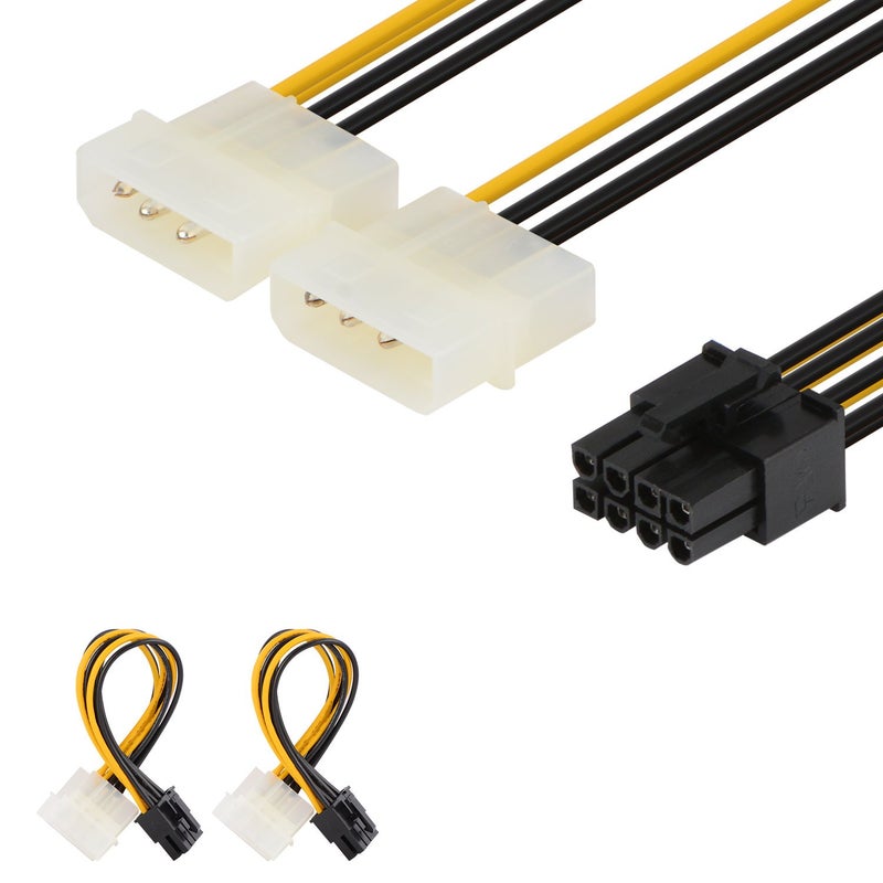 J&D 8 Pin PCIe to 2 x 4 Pin LP4 Molex Power Cable Adapter (2 Pack), 6 inch / 15 cm, Black - Image 1